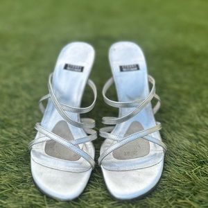Stuart Weitzman Silver Strappy Slip on High Heel, Size 5